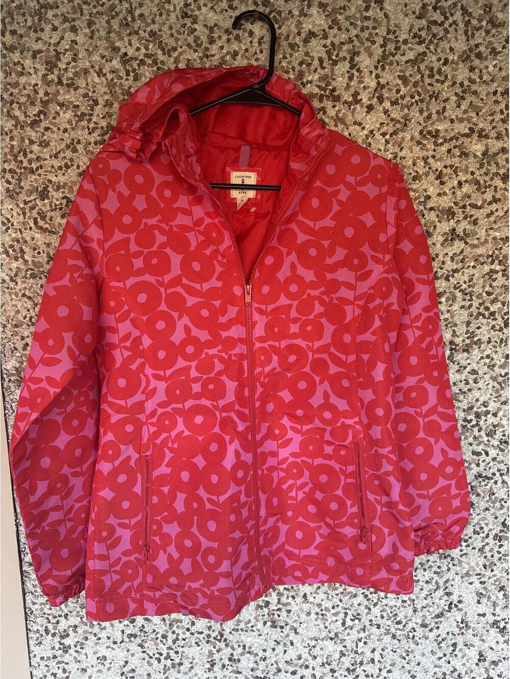Lands End Kids Floral Windbreaker Rain Jacket Girls XL 16 Red Pink Hooded
